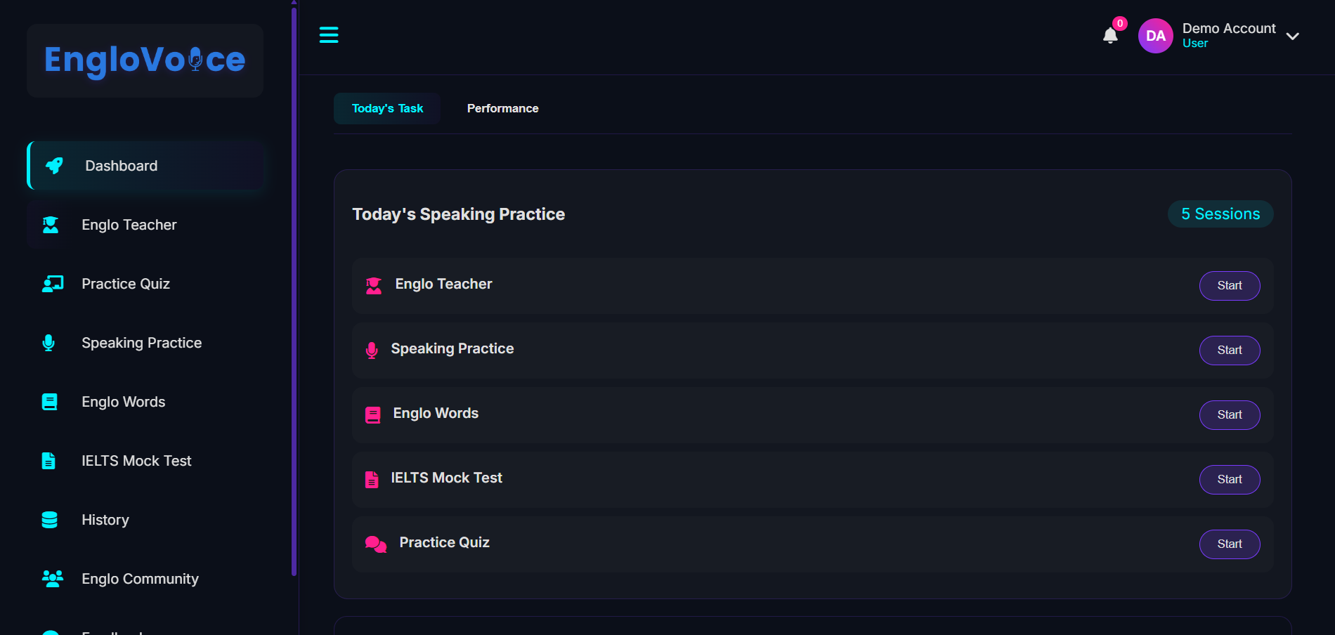 EngloVoice speaking practice dashboard
